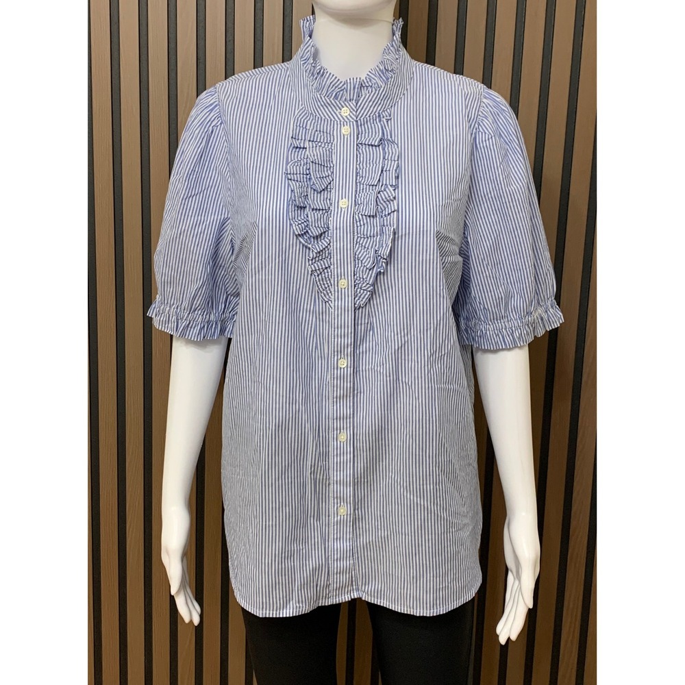 J.Crew Women's Blue White Striped Ruffle Neck Bib Button Down Shirt L Classic
